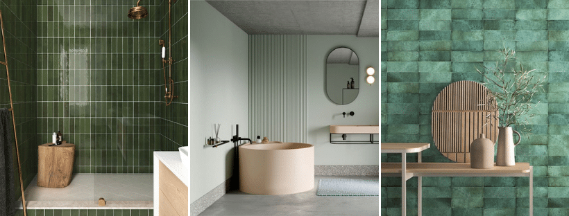 3 images of green tiles styling bathroom