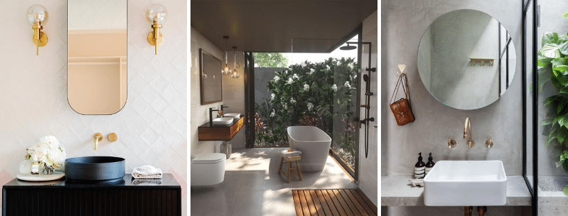 Bathroom renovation styling inspiration in 3 images - a vanity basin to the left and right and a full view bathroom in the centre image
