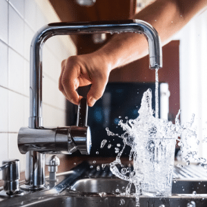 Running tap over filling glass of water in kitchen sink