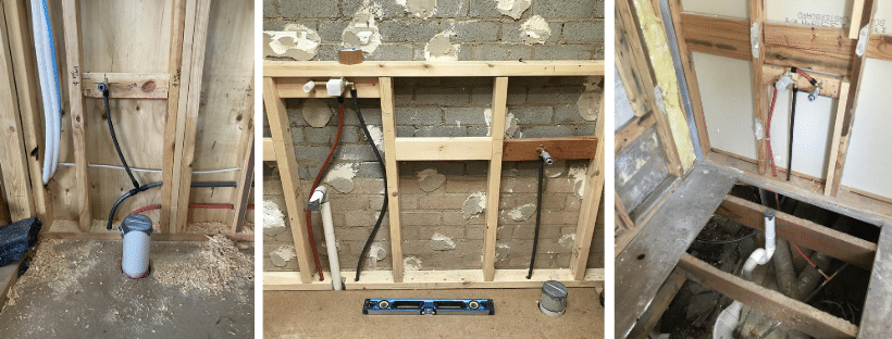 Construction of a toilet (left), a wall hung vanity and toilet (middle) and a bath (right). 