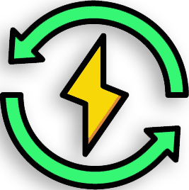 Green cartoon Arrows rotating in a circular motion with an electric bolt in the centre