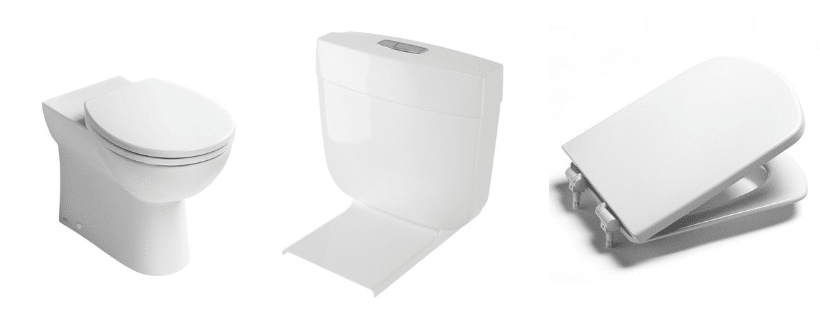 From left to right: The toilet pan, cistern and seat.
