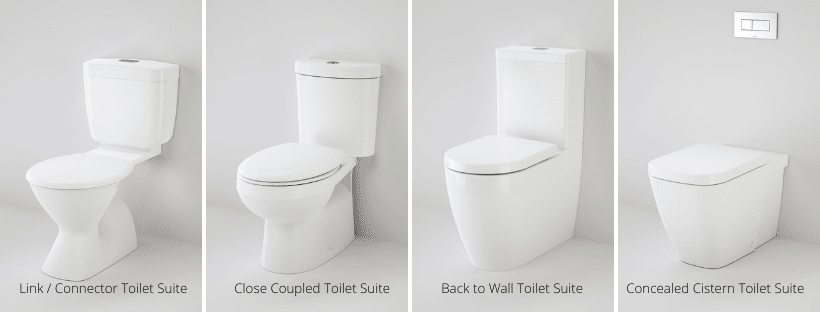 Images of four main categories of toilet suites based on the way they are installed.