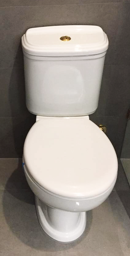white ceramic toilet with a golden flush button and positioned in the centre of the screen with large grey tiles on the wall behind the toilet and underneath the toilet on the floor