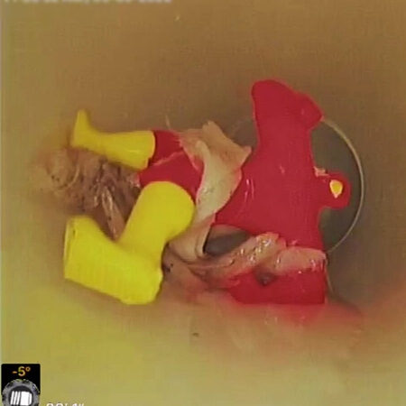 Little red and yellow toy previewed via a CCTV Drain Inspection Camera