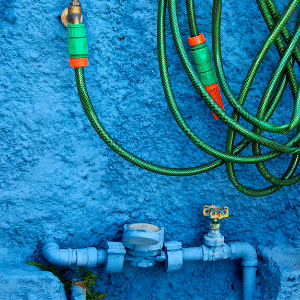 Green hose in front of blue wall and pipes