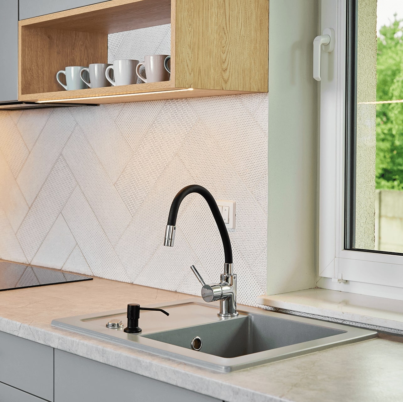 modern minimal kitchen mixer tap window sleek natural aesthetic